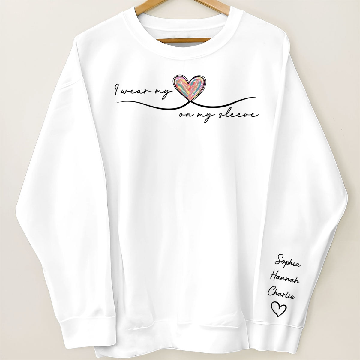 Grandma Wears Her Heart On Her Sleeve, Colorful Heart, Gift For Grandma And Mom, Personalized Sleeve Printed Sweatshirt