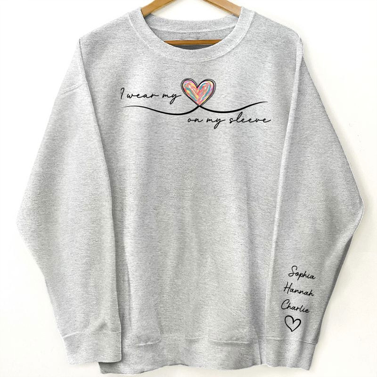 Grandma Wears Her Heart On Her Sleeve, Colorful Heart, Gift For Grandma And Mom, Personalized Sleeve Printed Sweatshirt